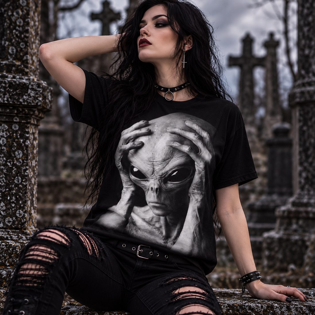 Alien Graphic Jersey — Men’s Sci‑Fi Crew Tee with Distressed ET Face