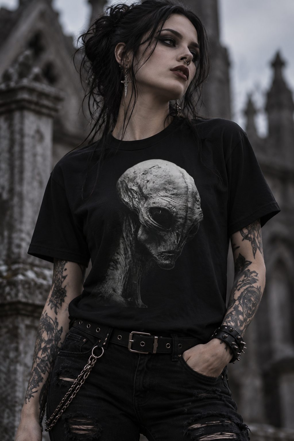 Malevolent Gray Tee — Dark Gothic Alien Skull Graphic T‑Shirt